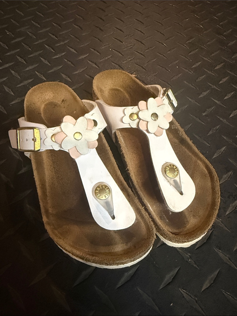 Birkenstock White T-Strap Sandals with Pink & Cream Flower Accents